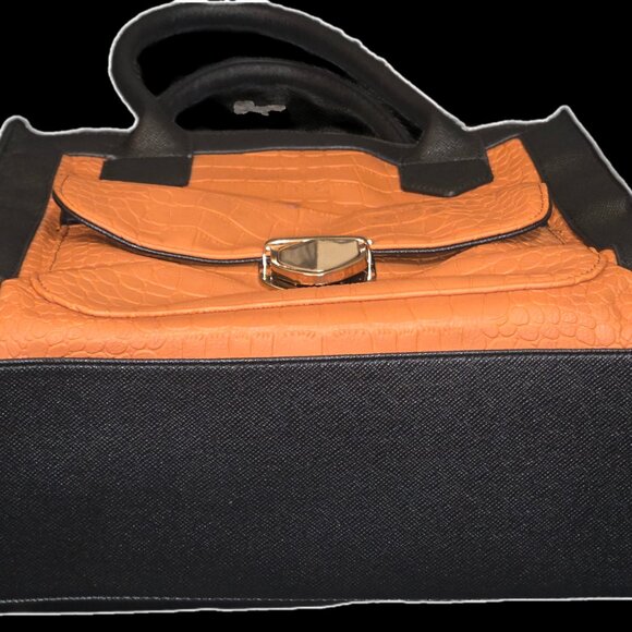 two-tone black frame tan crocodile-embossed structured satchel - Picture 6 of 6